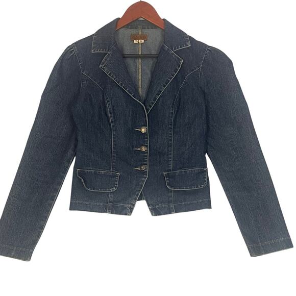 Vintage Y2K XOXO Denim Blazer Womens Medium Puff Shoulder Blue Fitted Cropped - Picture 1 of 11